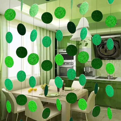 Vista 5 de XIANMU Guirnalda de papel verde con purpurina, círculo, pancarta para fiesta, decoración de fondo para fiesta temática verde, día de San Patricio