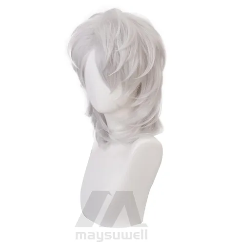 Vista 3 de maysuwell Peluca de anime Rui Cosplay pelucas para Demon Slayer de pelo corto plateado para hombres y mujeres para Halloween, carnaval, fiesta