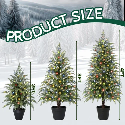 Vista 3 de Árbol de Navidad con luces de 2 pies, 3 pies y 4 pies, juego de 3 árboles de Navidad de cedro preiluminados, mini árbol de Navidad artificial