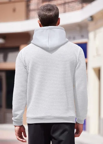 Vista 4 de COOFANDY Sudadera con capucha para hombre, de manga larga, a la moda, para gimnasio, atlética, a cuadros, jacquard, con bolsillo