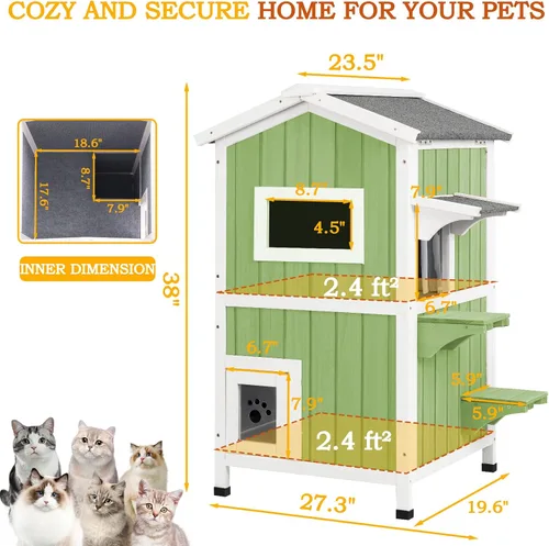 Vista 7 de PetsCosset Casa Aislada para Gatos de Exterior Resistente a la Intemperie con Aislamiento Integral de Dos Pisos de Madera Refugio para Gatos Ferales