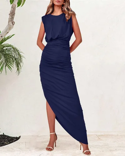 Vista 3 de BTFBM Vestido ajustado sin mangas fruncido para mujer, vestido de verano 2023, cintura alta, asimétrico, con abertura, formal, para fiesta, cóctel