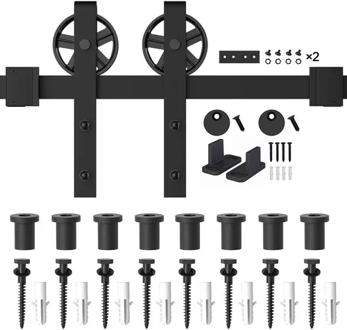 Vista 7 de WINSOON Black Big Wheel - Kit de herrajes para puerta corrediza de granero de 11 pies con guía ajustable para puerta de granero de doble rodillo