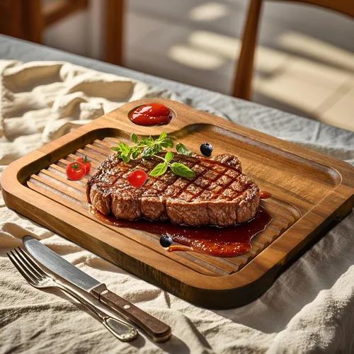 Vista 7 de Platos de bistec de madera de acacia, tabla de cortar carnívora para comer, plato de carne tallado de madera, bandeja para servir alimentos, tabla