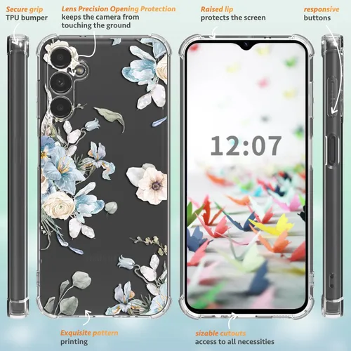 Vista 5 de Funda para Samsung Galaxy S23 FE con protector de pantalla, suave, a prueba de golpes, transparente, floral, funda protectora para mujer, diseño