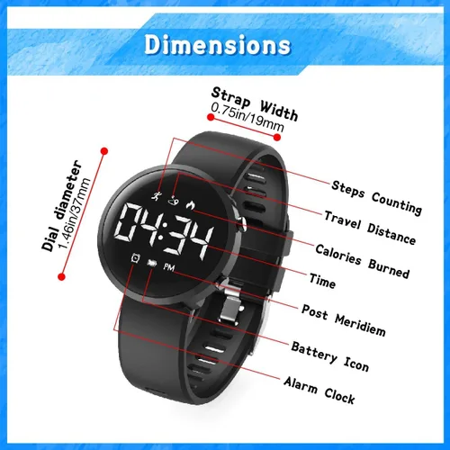 Vista 5 de Reloj digital de seguimiento de fitness para niños, deportes al aire libre, reloj de pulsera para niños y niñas, impermeable, con reloj despertador