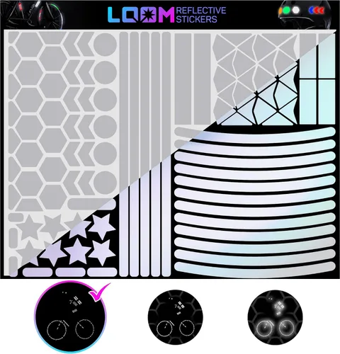 Vista 12 de LOOM Pegatinas reflectantes Mega Kit (101 piezas negras)• Adhesivos autoadhesivos impermeables de seguridad nocturna para cascos, monopatín