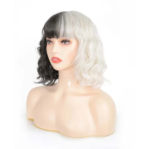 Vista 3 de AICKER Peluca ondulada corta mitad negra mitad blanca y rizada con flequillo para mujer, pelucas de anime, cosplay, Halloween, fiesta de Navidad