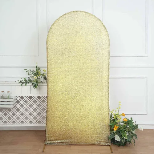 Vista 16 de Efavormart - Marco de fondo redondo de elastano dorado antiguo brillante de 5 pies, cubierta metálica brillante para arco de boda de 2 lados