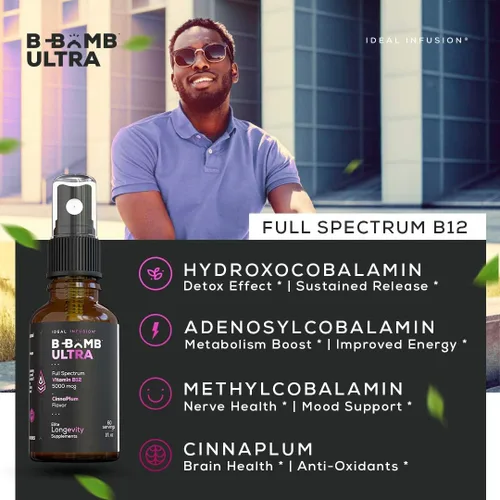 Vista 6 de Ideal Infusion B-Bomb Triple B12 Spray líquido de vitamina: metilcobalamina, adenosilcobalamina, hidroxocobalamina, salud nerviosa y refuerzo