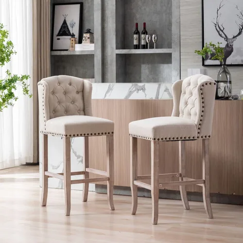 Vista 7 de Juego de 2 taburetes de bar clásicos de lino de 30 pulgadas, sillas de bar altas con respaldo copetudo con botones con patas de madera maciza Beige