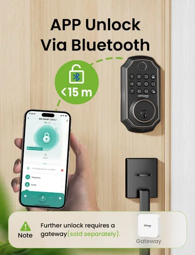 Vista 4 de GHome Smart cerradura inteligente para puerta KD30, cerrojo inteligente con huella dactilar para puerta delantera, cerradura de puerta de entrada