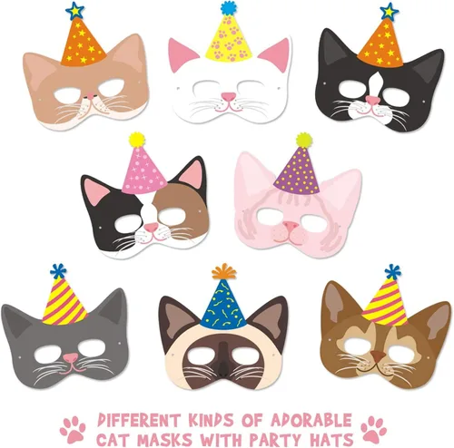 Vista 2 de Distaratie 12 máscaras de papel de gato para decoraciones de fiestas, bonitas máscaras faciales de gato para accesorios de cabina de fotos