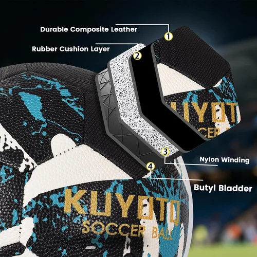 Vista 6 de KUYOTQ Soccer Ball, Machine Stitched PU/TPU Leather Soccer Ball Match & Training for Kids Youth Adult, Professional Construction for Durable in and
