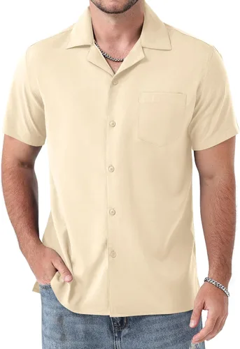 Vista 15 de ZEROYAA Camisas de manga corta con botones y ajuste regular para hombre Rojo llama