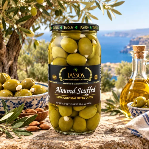Vista 2 de Tassos Aceitunas súper colosales Halkidiki rellenas de almendras 35.27 onzas