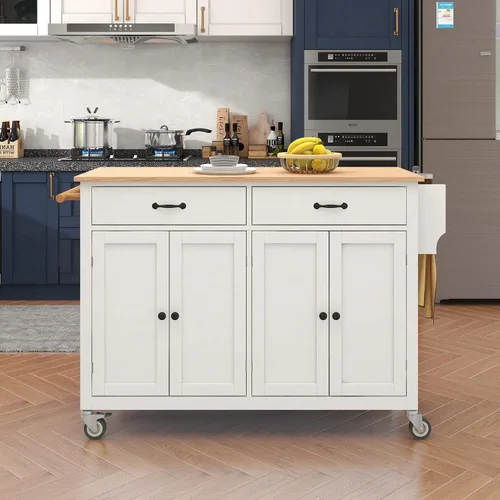 Vista 2 de Isla de cocina con ruedas con escritorio de madera maciza, mesa de isla de cocina con 2 cajones, carrito de isla de cocina con armario
