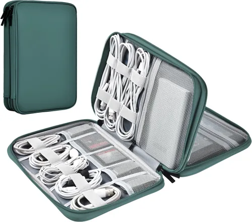 Vista 11 de Organizador de cables de cuero para viaje, impermeable, organizador de cables de viaje, portátil, organizador técnico, estuche de viaje para Verde