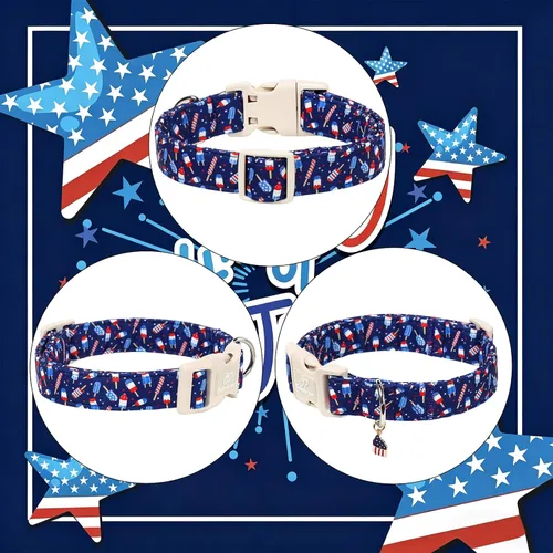 Vista 456 de Collar para perros del 4 de julio, collares patrióticos azules para cachorros y perros pequeños, ligero y ajustable 1776 collares para cachorros
