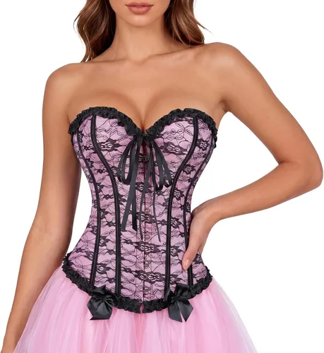 Vista 16 de Zhitunemi - Corsés para disfraz de vampiro para mujer: Corsé floral para mujer, trajes de Moulin, burlesque Beige