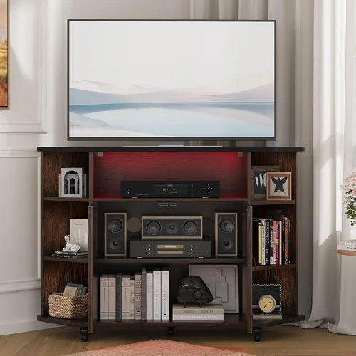 Vista 6 de 4 EVER WINNER Soporte de TV esquinero, gabinete de TV esquinero estilo granja con luces LED para TV de 50 pulgadas, estantes ajustables, soporte