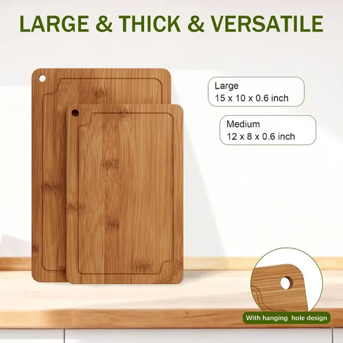 Vista 4 de Tablas de cortar de bambú para cocina, juego de tablas de cortar de madera con ranuras para jugos y asas incorporadas, fácil almacenamiento