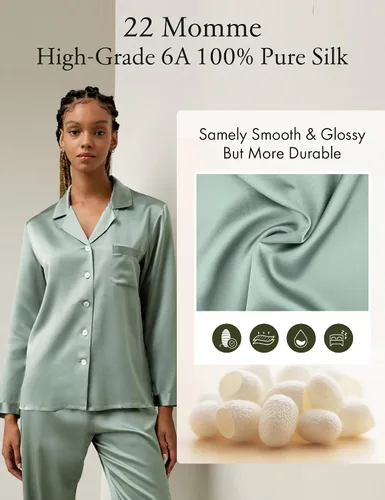 Vista 5 de LilySilk - Conjunto de pijama de seda para mujer, cómoda, de dos piezas, de manga larga, Seda de morera auténtica de 16 momme Verde aguacate