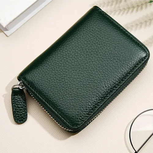 Vista 14 de Cartera de cuero genuino con bloqueo RFID, billetera con cremallera de lujo para mujeres con monedero, Color café, Classic