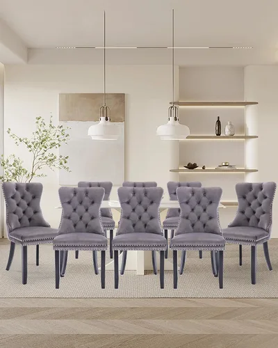 Vista 95 de Juego de 2 sillas de comedor de terciopelo con patas de madera, color beige Mid Century Modern Dining Chairs,Upholstered Chairs with Nailhead