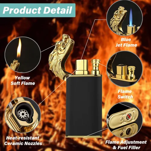 Vista 2 de Encendedor de dragón, único encendedor de antorcha conmutable, llama suave/chorro, butano, recargable, regalo creativo para hombres (sin combustible)