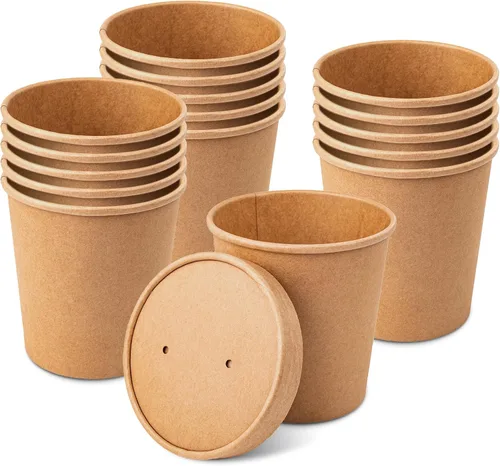 Vista 9 de PakTalk Recipientes de papel para sopa con tapas, paquete de 50 cuencos de sopa marrones, tazas biodegradables para helado con tapas para sopa
