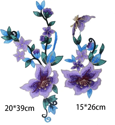 Vista 4 de 2pcs púrpura hermosas flores bordadas apliques de costura parches (estilo B)