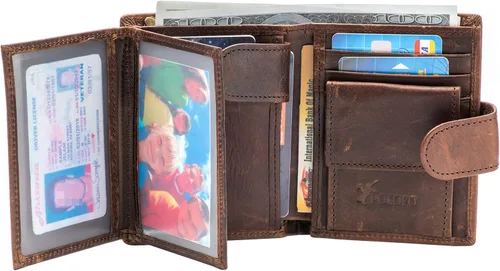 Vista 3 de Tarjetero grande de cuero genuino RFID con cierre a presión, 3 ventanas de identificación para hombres, Classic