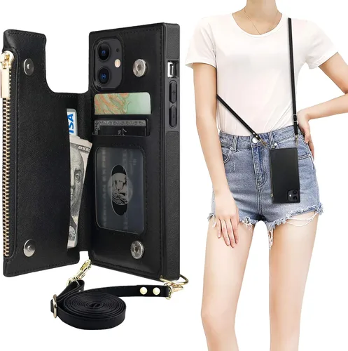 Vista 22 de Bocasal Funda tipo cartera cruzada para iPhone 11 Pro con tarjetero, protector de ranura para tarjetas con cremallera, a prueba de golpes, con Negro