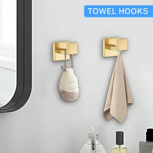 Vista 5 de Juego de accesorios de baño de 10 piezas en oro cepillado Juego de barra de toallas doradas, toallero/estante para baño, juego de accesorios de baño