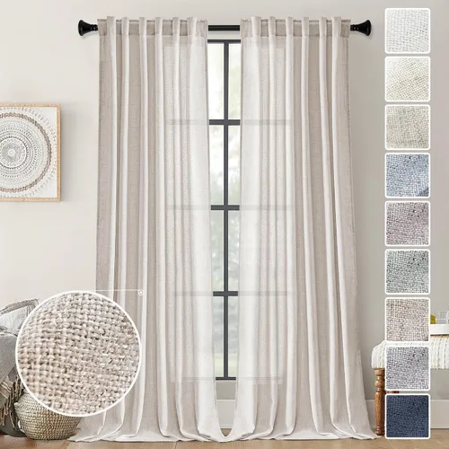 Vista 75 de Cortinas de Lino Natural Color Crema de 84 Pulgadas de Largo para Sala de Estar, Juego de 2 Paneles de Lino Texturizado con Trabillas Traseras