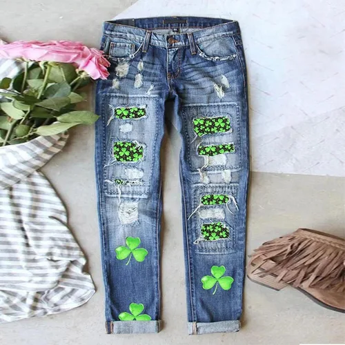 Vista 3 de Pantalones de mezclilla para mujer, de cintura alta, con parche de trébol irlandés, rasgados, desgastados, con bolsillo
