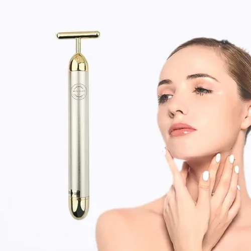 Vista 9 de Beauty Bar - Rodillo masajeador facial de energía de pulso dorado de 24 quilates, herramienta de masajeador facial eléctrico en forma de T