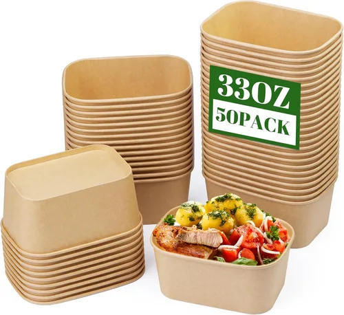 Vista 12 de Paquete de 25 cuencos de papel de 19 onzas, recipientes desechables con tapas, cuencos rectangulares desechables con tapas, cuencos de ensalada