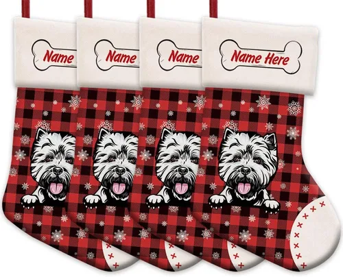 Vista 8 de Foto personalizada, Feliz Navidad, búfalo rojo, a cuadros, feliz perro, calcetín de Navidad, copo de nieve, decoración de vacaciones, calcetín