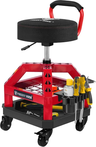 Vista 11 de Taburete rodante de taller con ruedas, taburete mecánico de trabajo de garaje resistente con respaldo, altura ajustable, silla giratoria de 360°