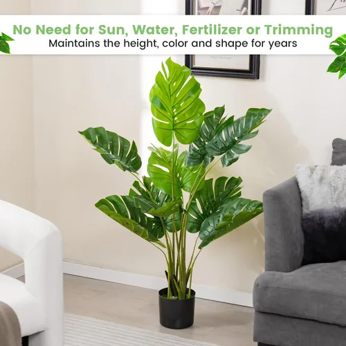 Vista 2 de GOFLAME Planta artificial Monstera Deliciosa, árbol sintético en maceta de 4 pies con 10 hojas falsas verdes, planta de queso suizo para decoración