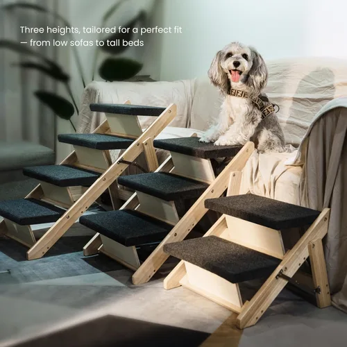 Vista 5 de MEWANG Wood Pet Stairs/Pet Steps - Escalera y rampa plegable de 2 niveles para perros, perfecta para camas y coches - Escalera portátil