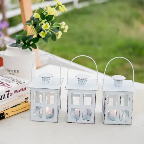 Vista 4 de HPC Decor - 6 mini linternas decorativas para centros de mesa de boda, faroles de velas de metal a granel con candelita LED y cuerda, decoración
