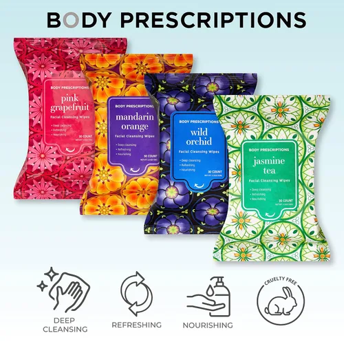 Vista 6 de Toallitas desmaquillantes Body Prescriptions - Paquete grande, Toallitas de limpieza suaves para una fácil remoción de maquillaje, Mandarina