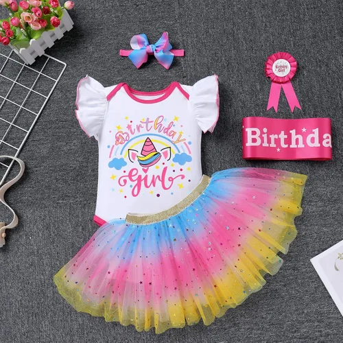 Vista 4 de IBTOM CASTLE Conjunto de falda de unicornio para bebé niña 1er 2do 3er cumpleaños, tutú arco iris, pastel de princesa, mameluco con diadema