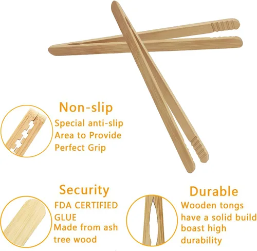 Vista 6 de Pinzas para utensilios de cocina de bambú de 7 pulgadas para tostadas, Kimchi, 8 piezas