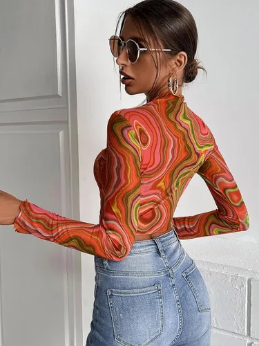 Vista 2 de SheIn Blusa ajustada de malla con cuello alto falso para mujer
