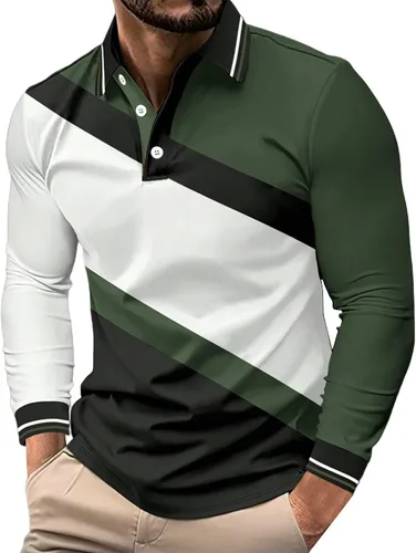 Vista 21 de Camisa polo para hombre, manga larga, cuello abotonado, bloque de color, moda para trabajo y golf