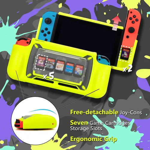 Vista 2 de Protective Case for Nintendo Switch, Grip Case with Game Storage, Nintendo Switch with Stand, Nintendo Switch Cover, Neon Yellow